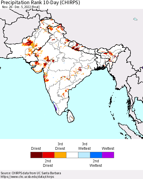 Southern Asia Precipitation Rank since 1981, 10-Day (CHIRPS) Thematic Map For 11/26/2022 - 12/5/2022