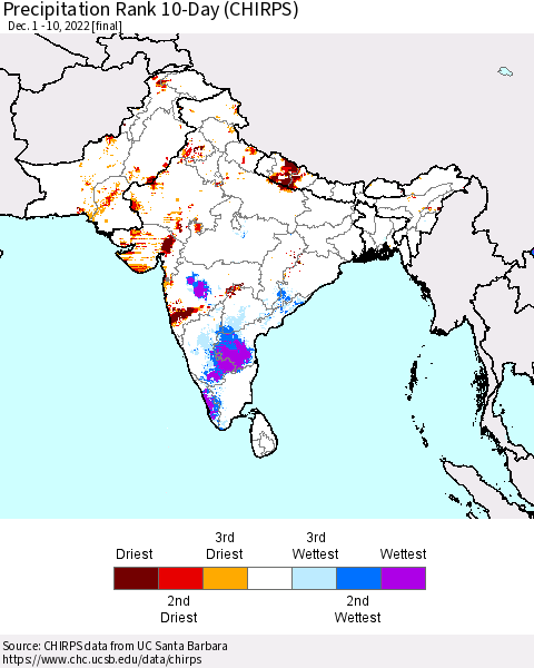 Southern Asia Precipitation Rank 10-Day (CHIRPS) Thematic Map For 12/1/2022 - 12/10/2022