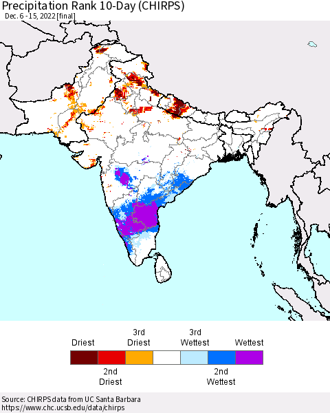 Southern Asia Precipitation Rank since 1981, 10-Day (CHIRPS) Thematic Map For 12/6/2022 - 12/15/2022