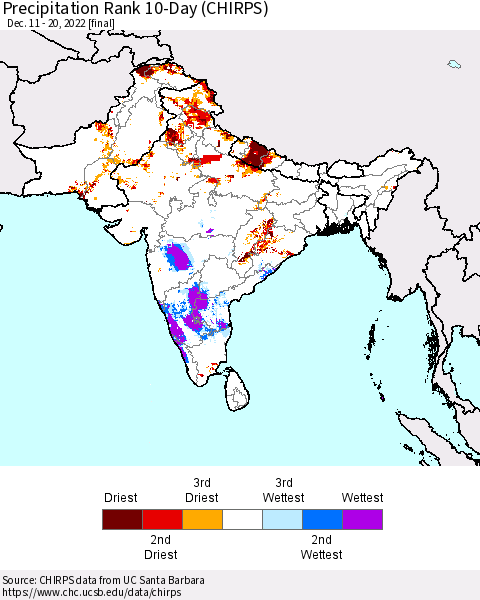 Southern Asia Precipitation Rank 10-Day (CHIRPS) Thematic Map For 12/11/2022 - 12/20/2022