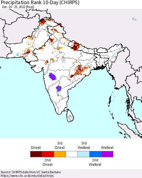 Southern Asia Precipitation Rank 10-Day (CHIRPS) Thematic Map For 12/16/2022 - 12/25/2022