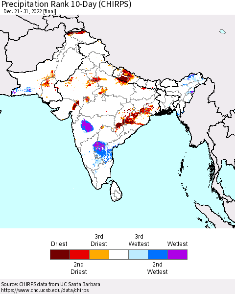 Southern Asia Precipitation Rank since 1981, 10-Day (CHIRPS) Thematic Map For 12/21/2022 - 12/31/2022