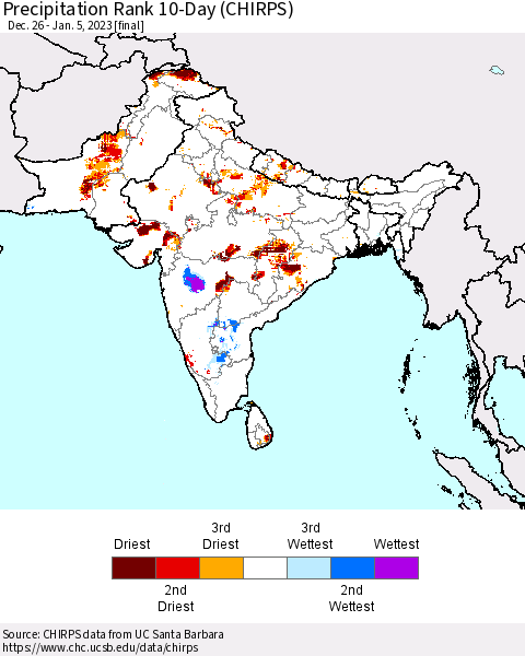 Southern Asia Precipitation Rank 10-Day (CHIRPS) Thematic Map For 12/26/2022 - 1/5/2023