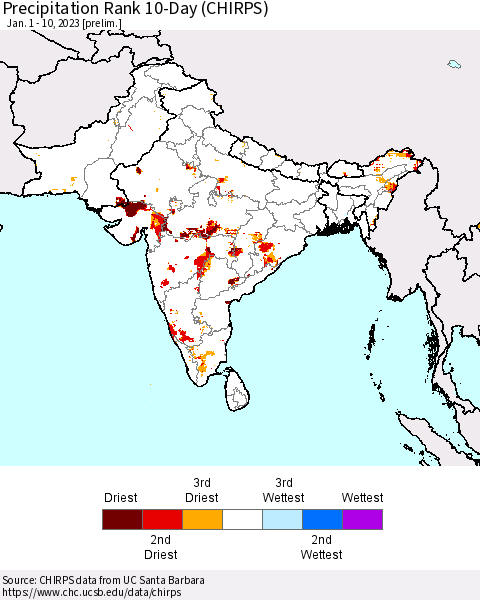 Southern Asia Precipitation Rank 10-Day (CHIRPS) Thematic Map For 1/1/2023 - 1/10/2023