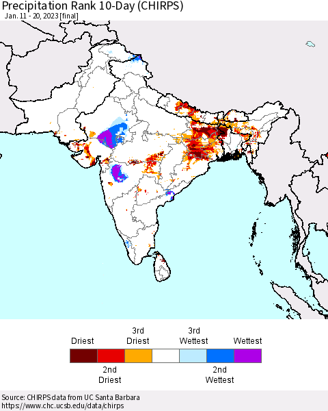 Southern Asia Precipitation Rank since 1981, 10-Day (CHIRPS) Thematic Map For 1/11/2023 - 1/20/2023