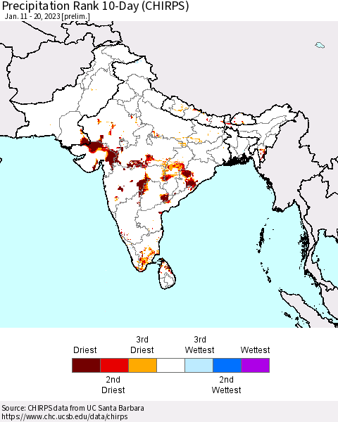 Southern Asia Precipitation Rank 10-Day (CHIRPS) Thematic Map For 1/11/2023 - 1/20/2023