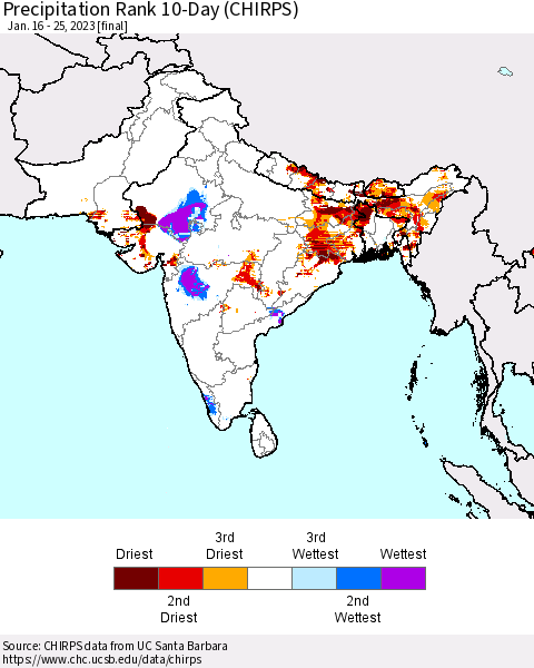Southern Asia Precipitation Rank 10-Day (CHIRPS) Thematic Map For 1/16/2023 - 1/25/2023