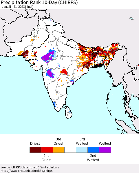 Southern Asia Precipitation Rank 10-Day (CHIRPS) Thematic Map For 1/21/2023 - 1/31/2023