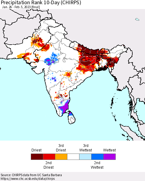 Southern Asia Precipitation Rank 10-Day (CHIRPS) Thematic Map For 1/26/2023 - 2/5/2023