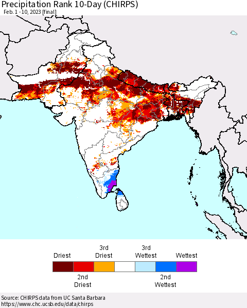 Southern Asia Precipitation Rank 10-Day (CHIRPS) Thematic Map For 2/1/2023 - 2/10/2023
