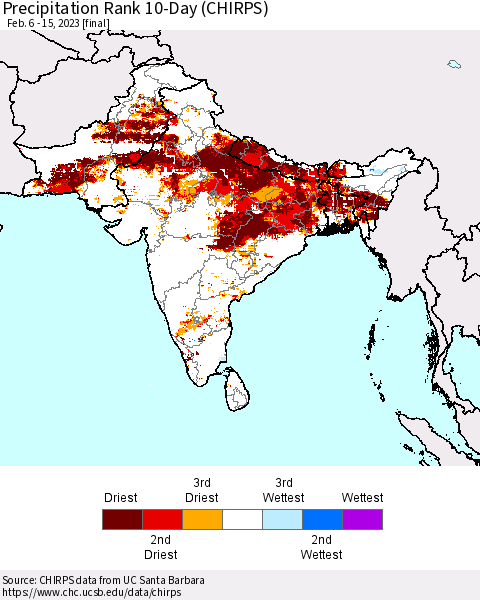 Southern Asia Precipitation Rank 10-Day (CHIRPS) Thematic Map For 2/6/2023 - 2/15/2023