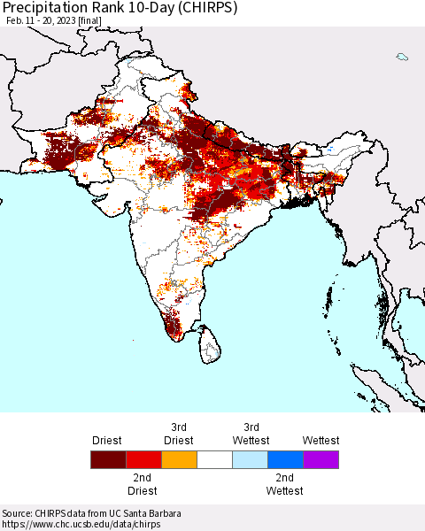 Southern Asia Precipitation Rank 10-Day (CHIRPS) Thematic Map For 2/11/2023 - 2/20/2023