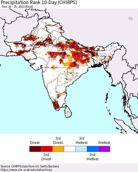 Southern Asia Precipitation Rank 10-Day (CHIRPS) Thematic Map For 2/16/2023 - 2/25/2023