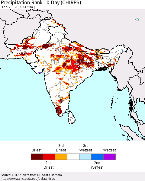 Southern Asia Precipitation Rank 10-Day (CHIRPS) Thematic Map For 2/21/2023 - 2/28/2023