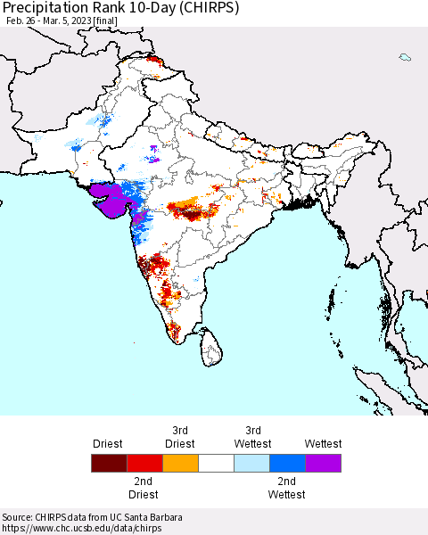 Southern Asia Precipitation Rank since 1981, 10-Day (CHIRPS) Thematic Map For 2/26/2023 - 3/5/2023