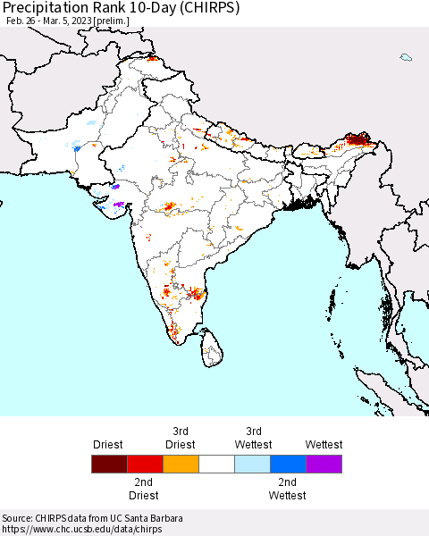 Southern Asia Precipitation Rank 10-Day (CHIRPS) Thematic Map For 2/26/2023 - 3/5/2023