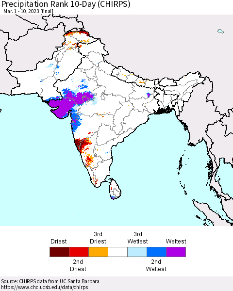 Southern Asia Precipitation Rank since 1981, 10-Day (CHIRPS) Thematic Map For 3/1/2023 - 3/10/2023