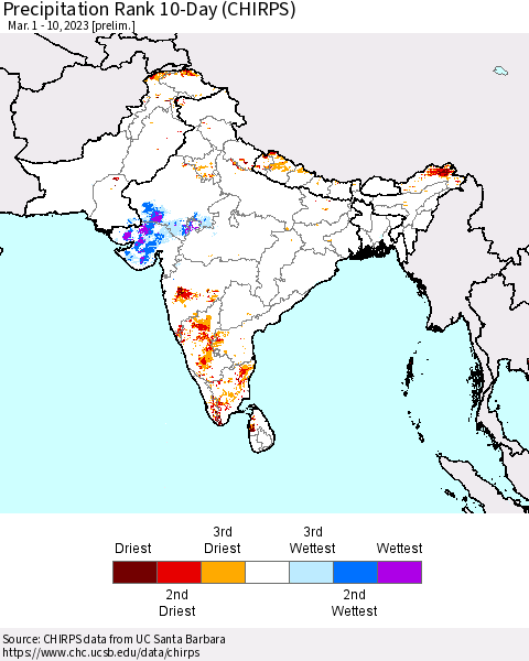 Southern Asia Precipitation Rank 10-Day (CHIRPS) Thematic Map For 3/1/2023 - 3/10/2023