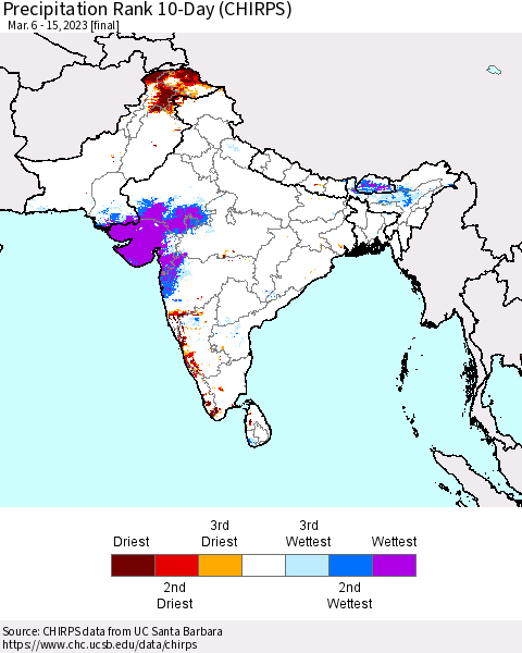 Southern Asia Precipitation Rank since 1981, 10-Day (CHIRPS) Thematic Map For 3/6/2023 - 3/15/2023