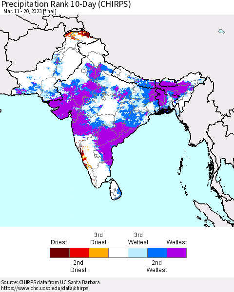 Southern Asia Precipitation Rank since 1981, 10-Day (CHIRPS) Thematic Map For 3/11/2023 - 3/20/2023