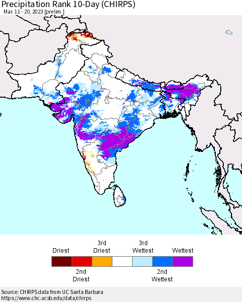 Southern Asia Precipitation Rank 10-Day (CHIRPS) Thematic Map For 3/11/2023 - 3/20/2023