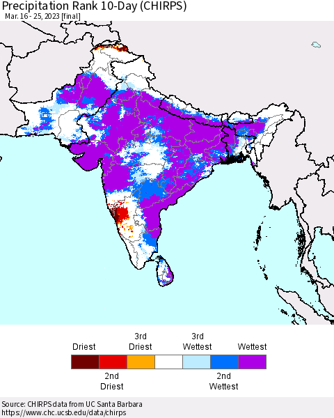Southern Asia Precipitation Rank since 1981, 10-Day (CHIRPS) Thematic Map For 3/16/2023 - 3/25/2023