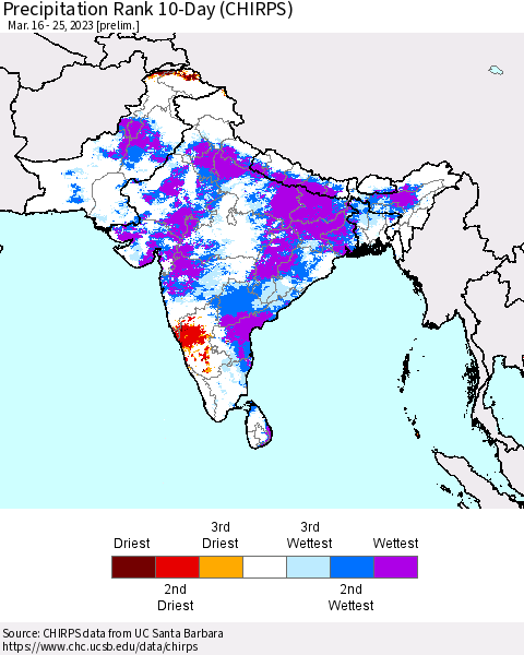 Southern Asia Precipitation Rank 10-Day (CHIRPS) Thematic Map For 3/16/2023 - 3/25/2023