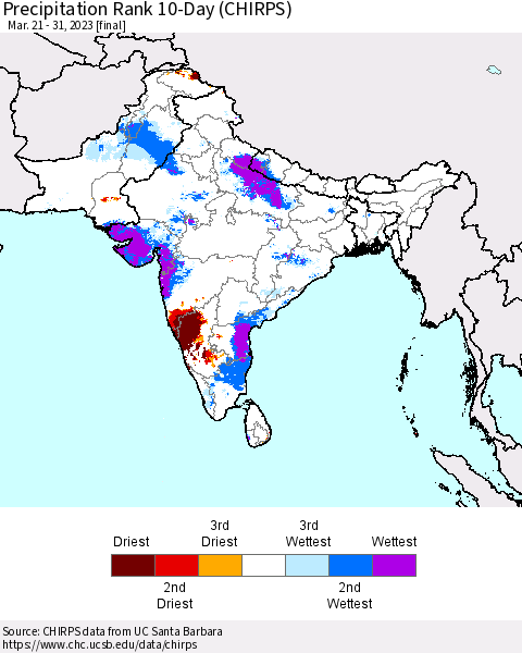 Southern Asia Precipitation Rank since 1981, 10-Day (CHIRPS) Thematic Map For 3/21/2023 - 3/31/2023