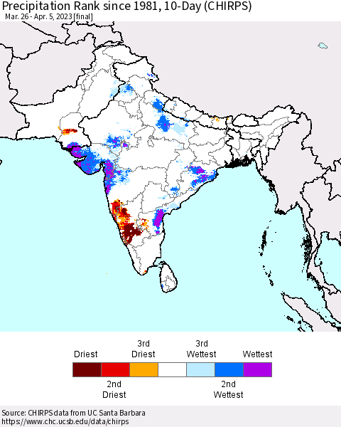 Southern Asia Precipitation Rank since 1981, 10-Day (CHIRPS) Thematic Map For 3/26/2023 - 4/5/2023