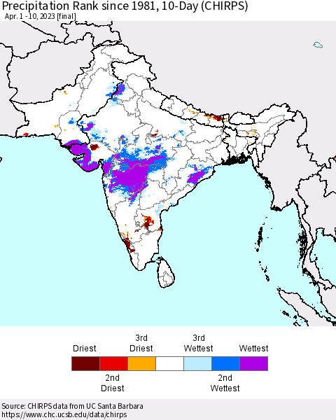 Southern Asia Precipitation Rank since 1981, 10-Day (CHIRPS) Thematic Map For 4/1/2023 - 4/10/2023