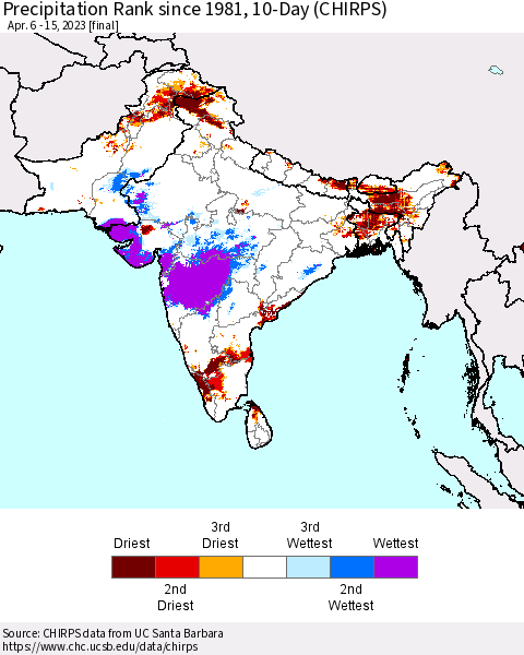 Southern Asia Precipitation Rank since 1981, 10-Day (CHIRPS) Thematic Map For 4/6/2023 - 4/15/2023