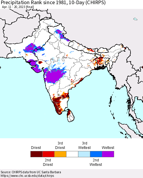 Southern Asia Precipitation Rank since 1981, 10-Day (CHIRPS) Thematic Map For 4/11/2023 - 4/20/2023