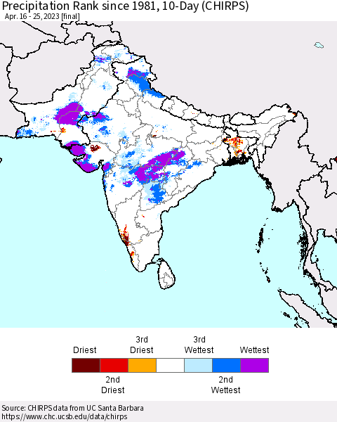 Southern Asia Precipitation Rank since 1981, 10-Day (CHIRPS) Thematic Map For 4/16/2023 - 4/25/2023