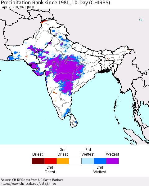 Southern Asia Precipitation Rank since 1981, 10-Day (CHIRPS) Thematic Map For 4/21/2023 - 4/30/2023
