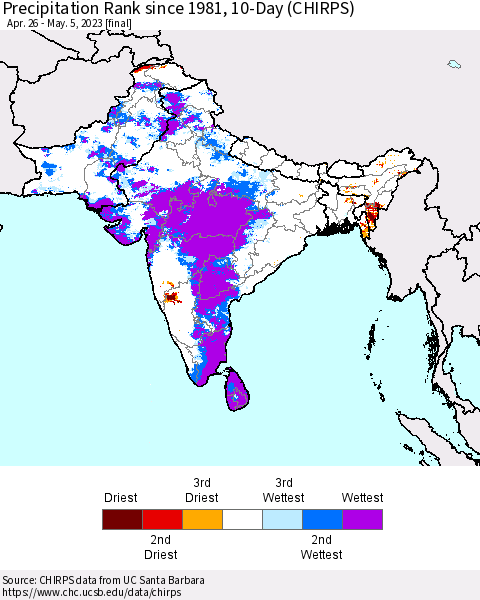 Southern Asia Precipitation Rank since 1981, 10-Day (CHIRPS) Thematic Map For 4/26/2023 - 5/5/2023
