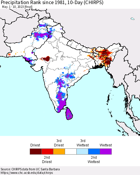 Southern Asia Precipitation Rank since 1981, 10-Day (CHIRPS) Thematic Map For 5/1/2023 - 5/10/2023