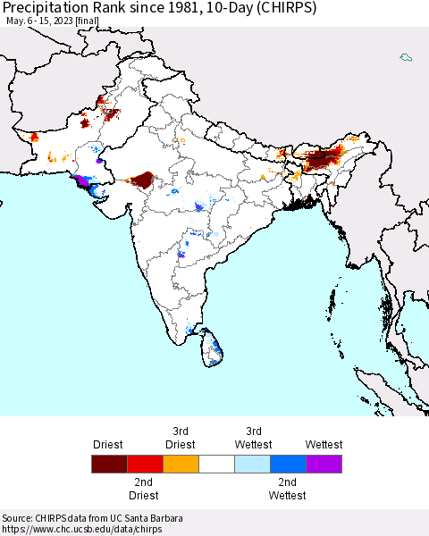 Southern Asia Precipitation Rank since 1981, 10-Day (CHIRPS) Thematic Map For 5/6/2023 - 5/15/2023
