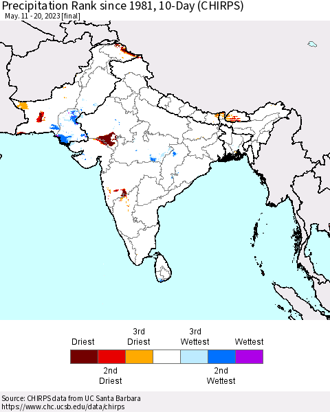 Southern Asia Precipitation Rank since 1981, 10-Day (CHIRPS) Thematic Map For 5/11/2023 - 5/20/2023