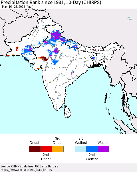 Southern Asia Precipitation Rank since 1981, 10-Day (CHIRPS) Thematic Map For 5/16/2023 - 5/25/2023