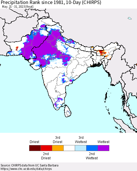 Southern Asia Precipitation Rank since 1981, 10-Day (CHIRPS) Thematic Map For 5/21/2023 - 5/31/2023