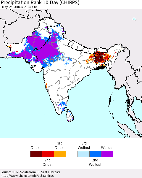 Southern Asia Precipitation Rank since 1981, 10-Day (CHIRPS) Thematic Map For 5/26/2023 - 6/5/2023