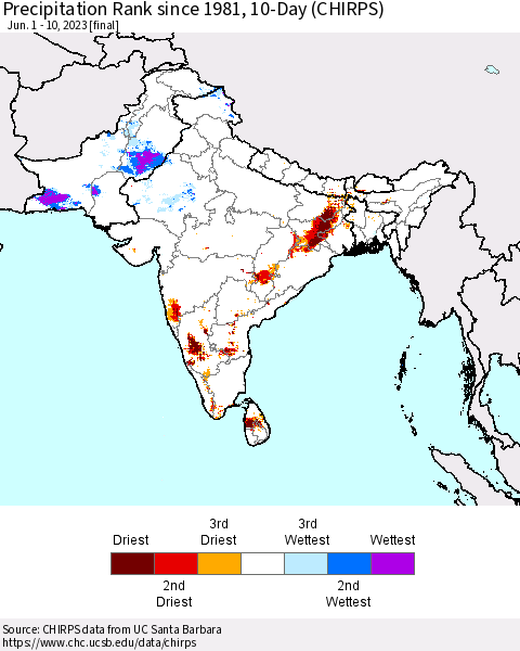 Southern Asia Precipitation Rank since 1981, 10-Day (CHIRPS) Thematic Map For 6/1/2023 - 6/10/2023