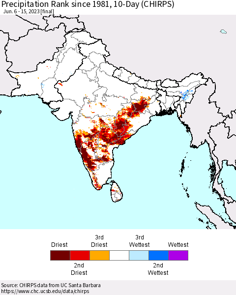 Southern Asia Precipitation Rank since 1981, 10-Day (CHIRPS) Thematic Map For 6/6/2023 - 6/15/2023
