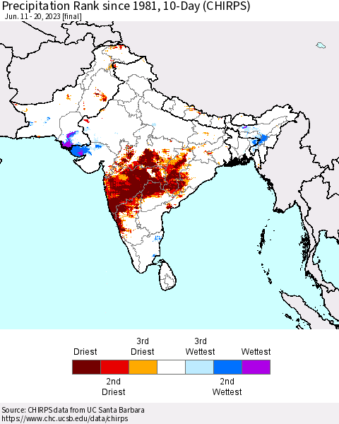 Southern Asia Precipitation Rank since 1981, 10-Day (CHIRPS) Thematic Map For 6/11/2023 - 6/20/2023