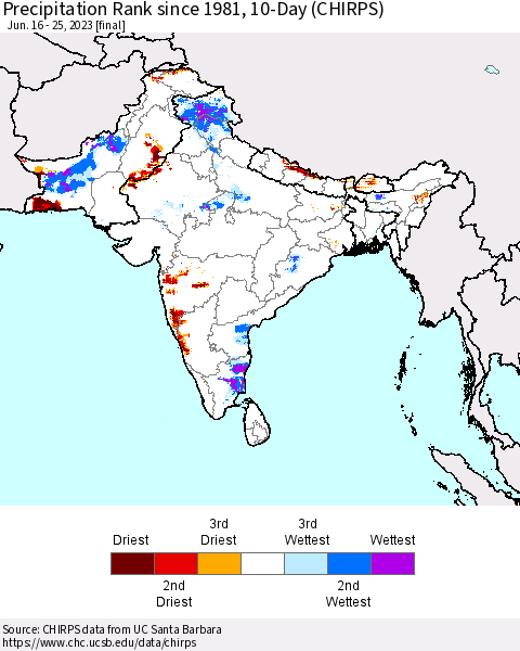 Southern Asia Precipitation Rank since 1981, 10-Day (CHIRPS) Thematic Map For 6/16/2023 - 6/25/2023