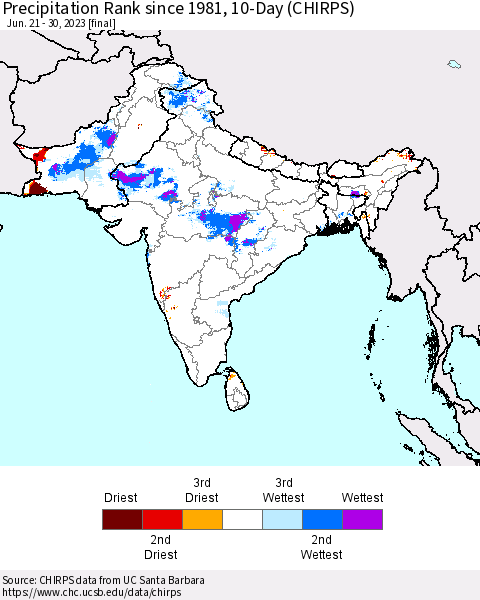 Southern Asia Precipitation Rank since 1981, 10-Day (CHIRPS) Thematic Map For 6/21/2023 - 6/30/2023