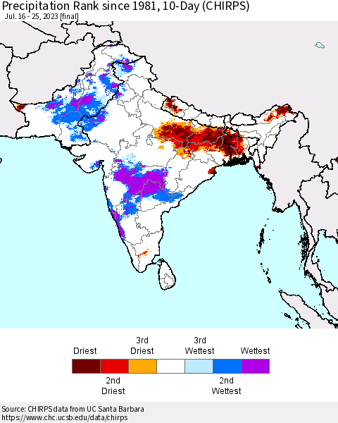 Southern Asia Precipitation Rank since 1981, 10-Day (CHIRPS) Thematic Map For 7/16/2023 - 7/25/2023