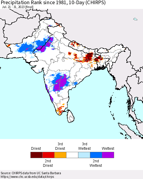 Southern Asia Precipitation Rank since 1981, 10-Day (CHIRPS) Thematic Map For 7/21/2023 - 7/31/2023