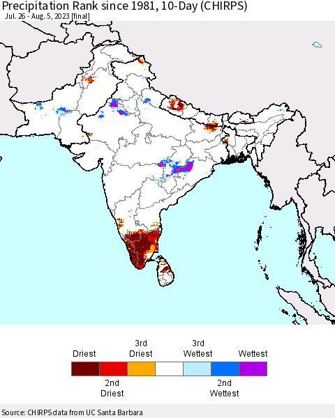 Southern Asia Precipitation Rank since 1981, 10-Day (CHIRPS) Thematic Map For 7/26/2023 - 8/5/2023