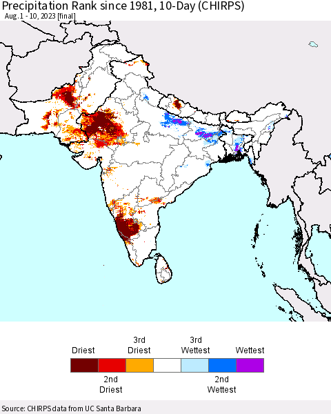 Southern Asia Precipitation Rank since 1981, 10-Day (CHIRPS) Thematic Map For 8/1/2023 - 8/10/2023